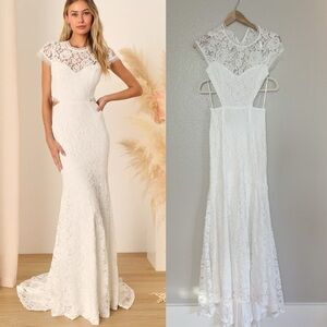 Devoted to Bliss White Lace Cap Sleeve Cutout Trumpet Maxi Dress!